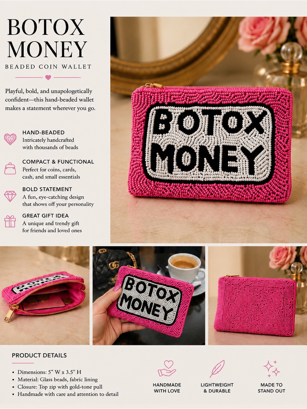 Beaded 'Botox Money' Pink Card Wallet - Picture 2 of 7